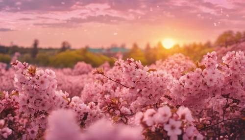 Ladang bunga sakura merah muda melawan matahari terbenam kuning yang hangat.