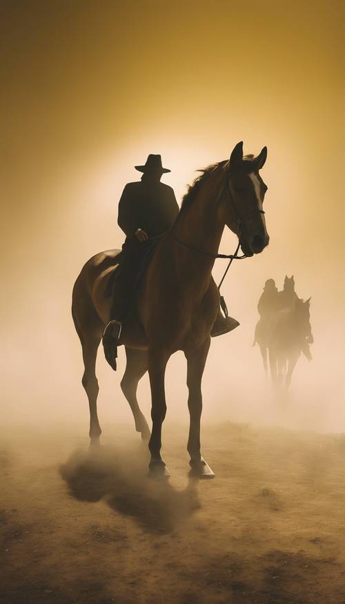 A pack of ghostly hounds emerging from the fog, led by a shadowy figure on a horse, under a sulfuric yellow night sky.