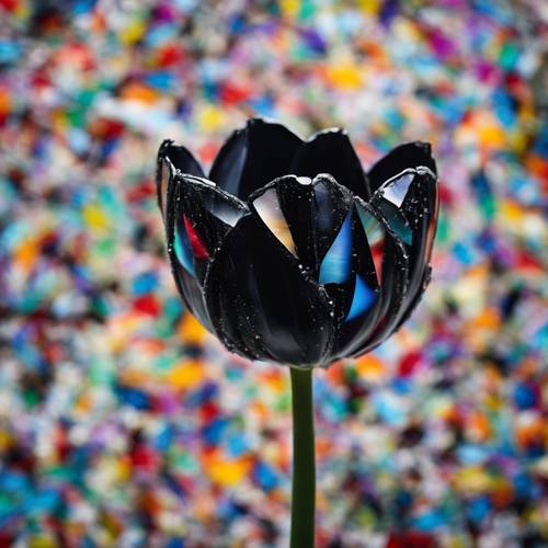 A mosaic of a beautiful black tulip created from small colorful shards of glass.