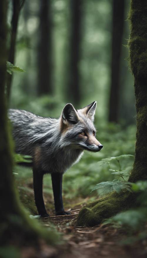 Uma raposa prateada astuta e esbelta correndo pela vegetação densa e verde-escura de uma floresta antiga.