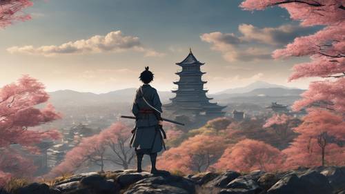 Anime samurajski chłopiec stojący na skalistym zboczu i patrzący w stronę japońskiego zamku z epoki feudalnej.