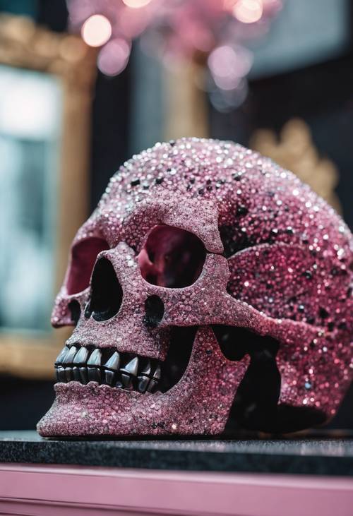 Сверкающий розово-черный череп, инкрустированный драгоценными камнями, на музейном постаменте.