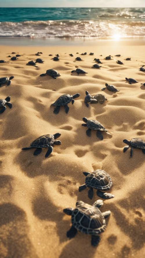 一群刚出生的小海龟在被阳光晒得暖暖的金色沙滩上爬向闪闪发光的大海。