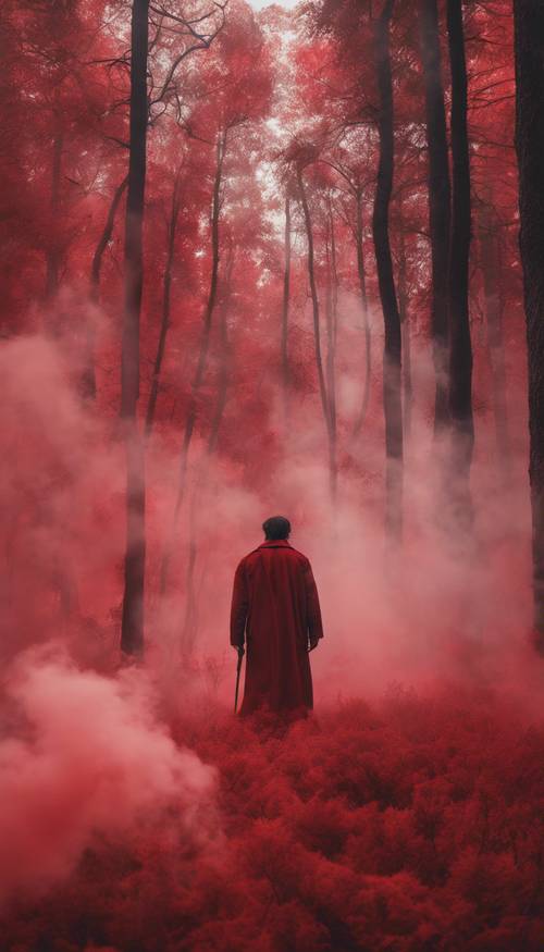 Una figura misteriosa che emerge da una nuvola di fumo rosso in una foresta.