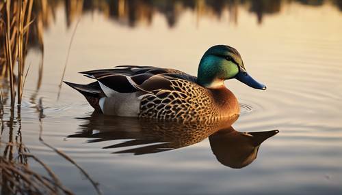 A Victorian-era chromolithograph of a wild teal duck in a peaceful marsh setting during a golden sunset.