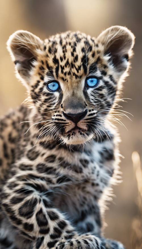 A whiskered leopard cub with baby blue eyes.
