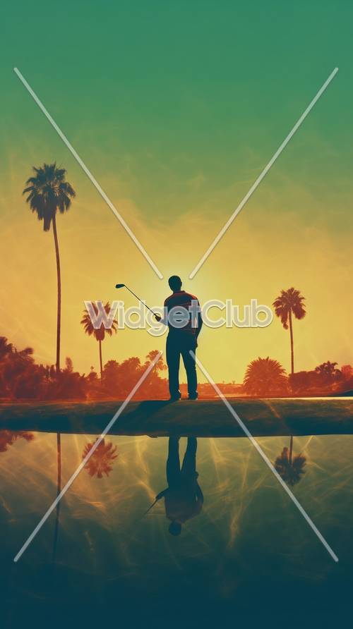 Golfer at Sunset with Palm Trees