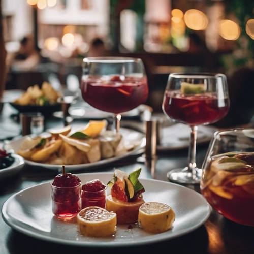 Un tapas bar chic in Spagna con piccoli piatti di cibo e brocche di sangria sui tavoli. Sfondo [a2e2b0df9742482c8f84]