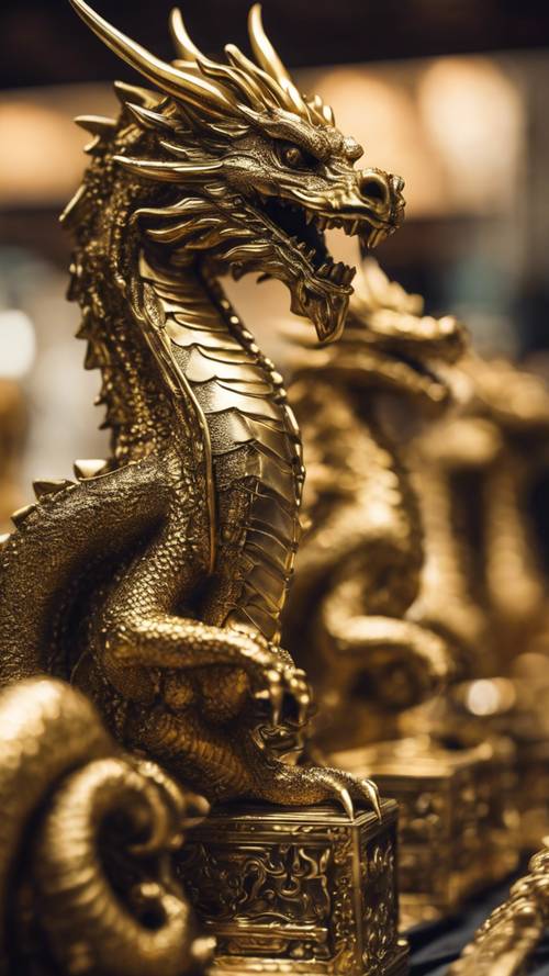 Gold metallic dragon figurines displayed in an antique shop.