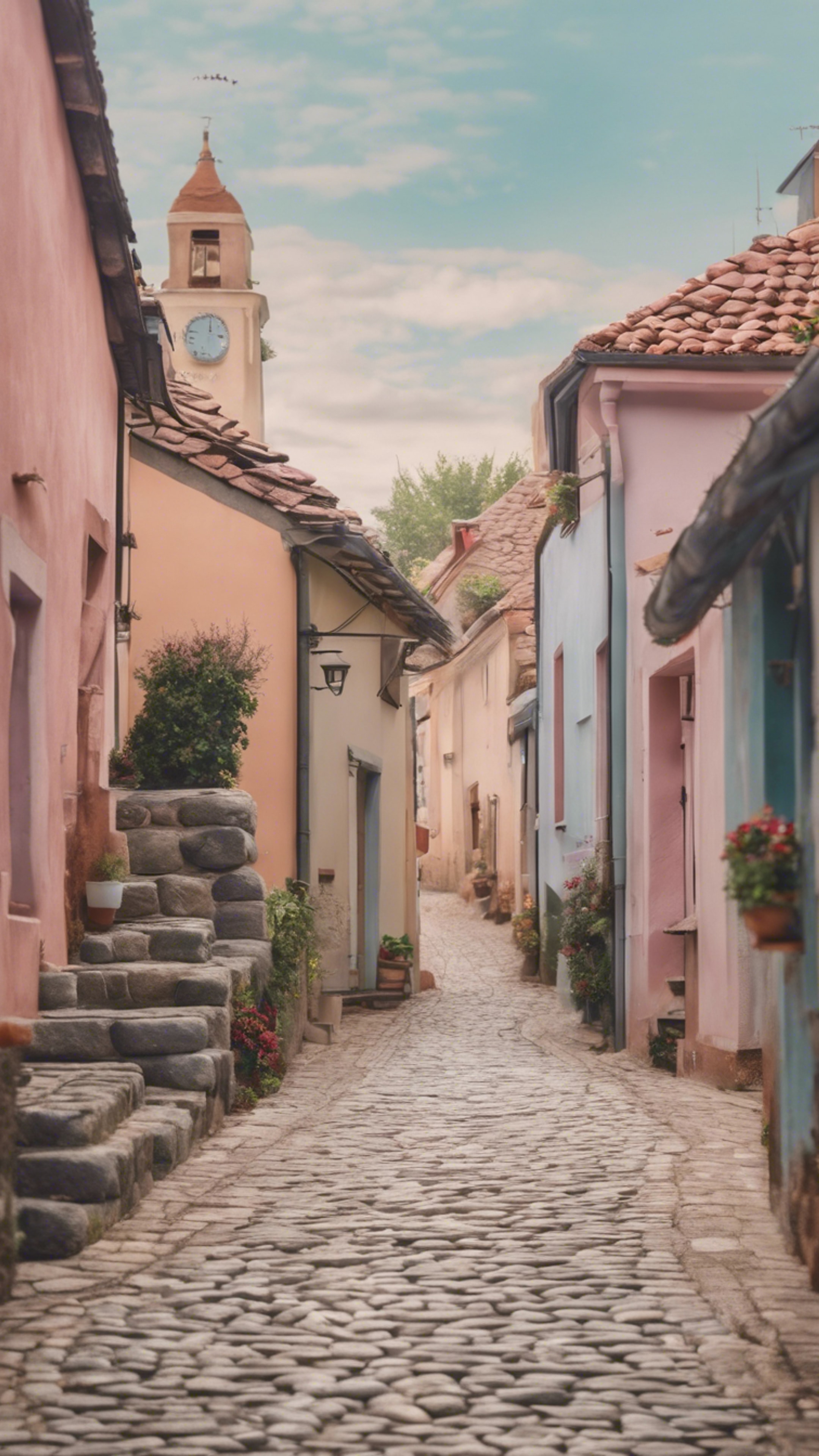 A cobblestone village bathed in soft pastel hues in the dreamtime. Wallpaper[3cfafe61ce0f4ae38cdf]