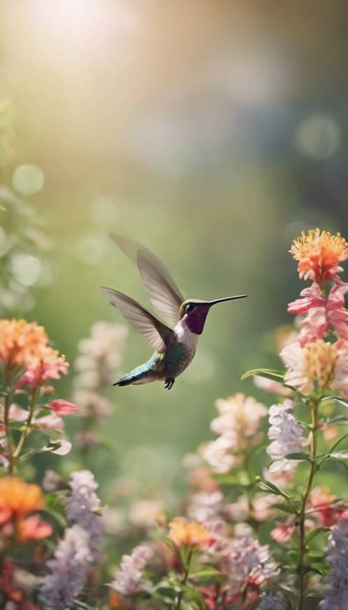 A hummingbird hovering over the blooming flowers in a minimalist spring garden, its wings a blur of motion.