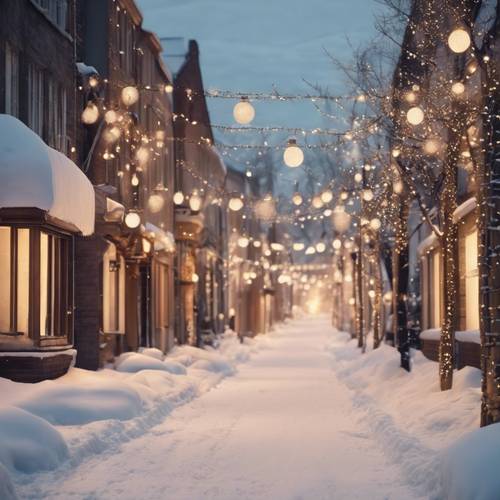 A quiet, snowy street at Christmastime, adorned with twinkling lights.