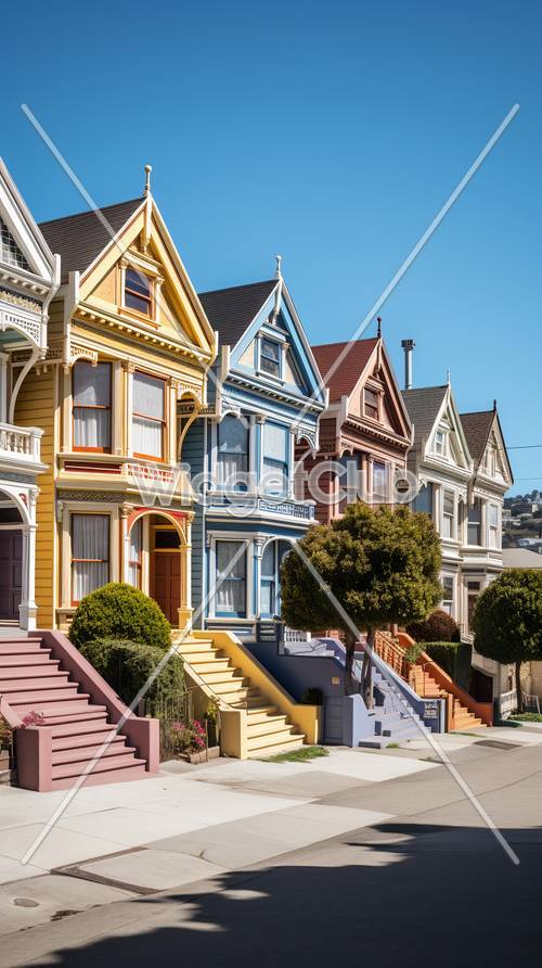 Coloridas casas victorianas en fila