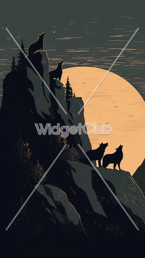 山頂に立つ月明かりの狼たち
