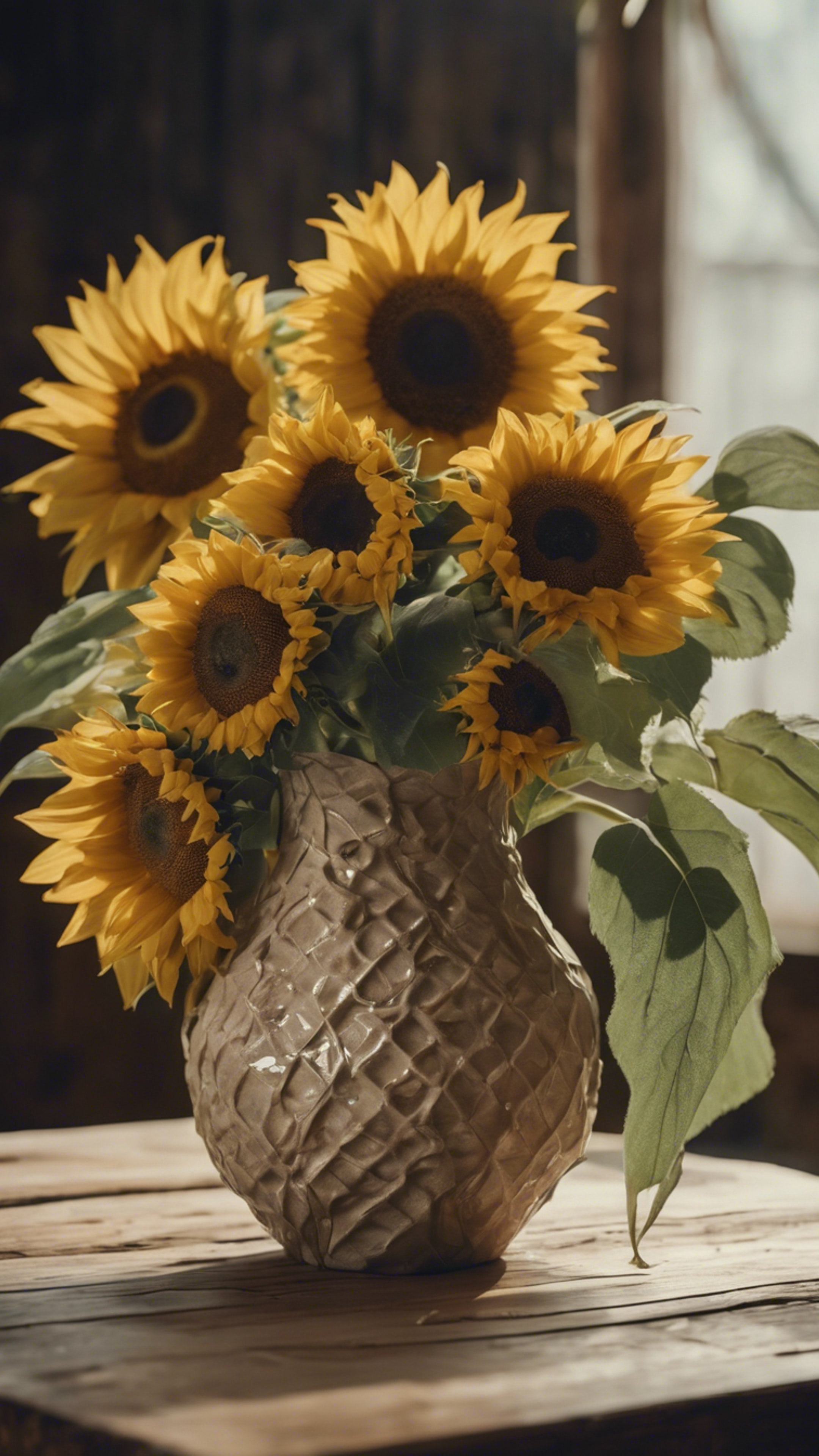 A close-up of a modern textured ceramic vase filled with fresh sunflowers on a rustic wooden table Wallpaper[ef74c033c0f846bba371]