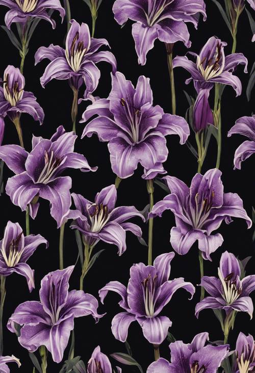 Un patrón de papel tapiz floral de temática victoriana con lirios de color púrpura oscuro sobre un fondo negro contrastante