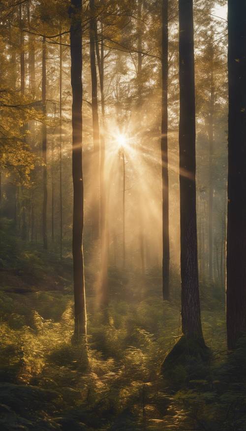 Une forêt enchanteresse de cottagecore à l&#39;aube, avec des rayons de soleil dorés perçant à travers les grands arbres robustes.