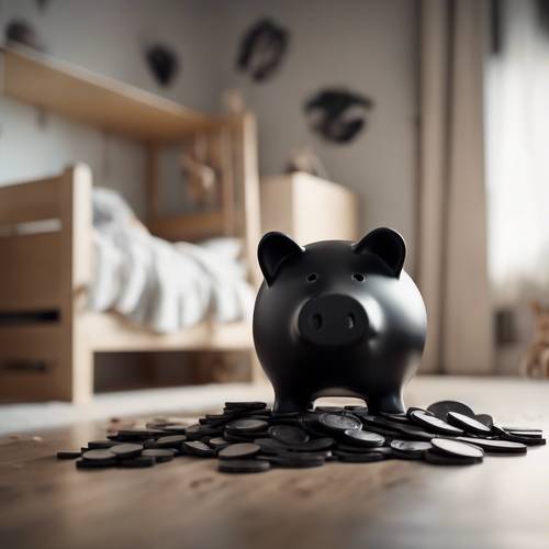 A black piggy bank with black coins falling into it in a child's room Tapeta [401d8c377ec145f392bc]