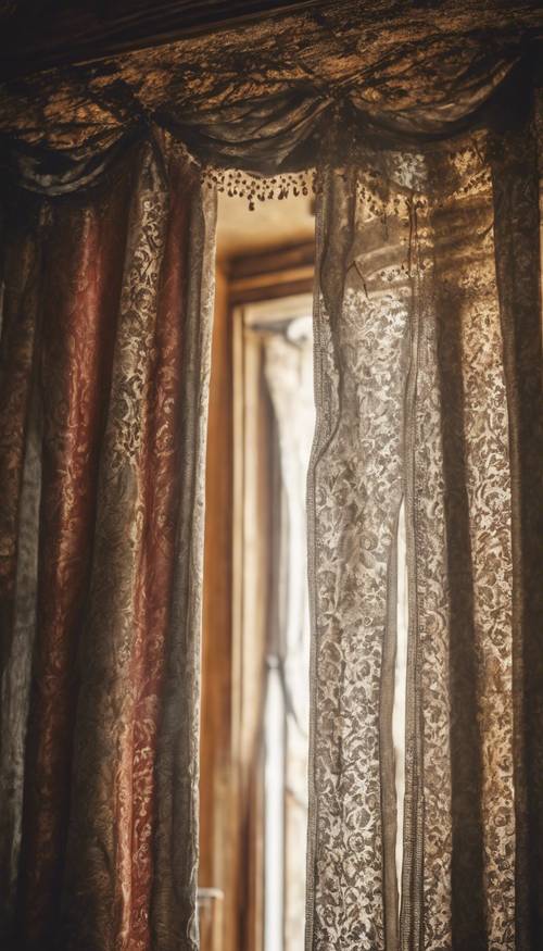 An antique damask curtain hanging from a high window in a medieval European castle.