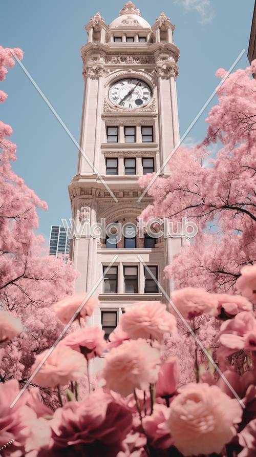 Cherry Blossoms and Clock Tower Under Blue Sky