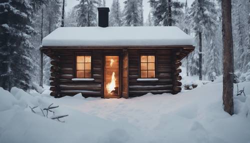 A rustic wooden cabin with large glass window, nestled in a snowy wilderness, smoke from a chimney indicates a fireplace inside. The door is ajar, revealing a warm and inviting interior.
