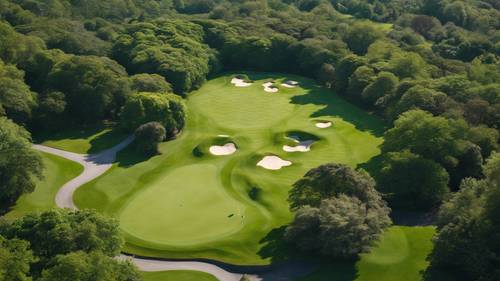 Вид с воздуха на пышный зеленый гольф-клуб Fota Island в Корке: ухоженная трава и обсаженные деревьями дорожки.