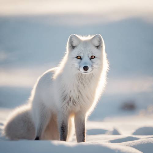 Uma raposa do Ártico misturando-se à paisagem branca e imaculada da tundra nevada, com os olhos brilhando com o reflexo do sol do meio-dia.