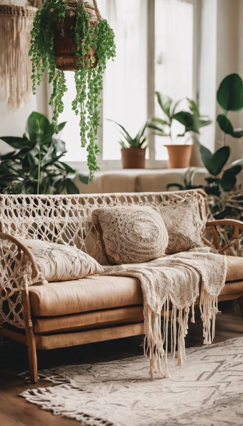 Sala de estar de estilo boho con maceteros colgantes de macramé y un sofá vintage