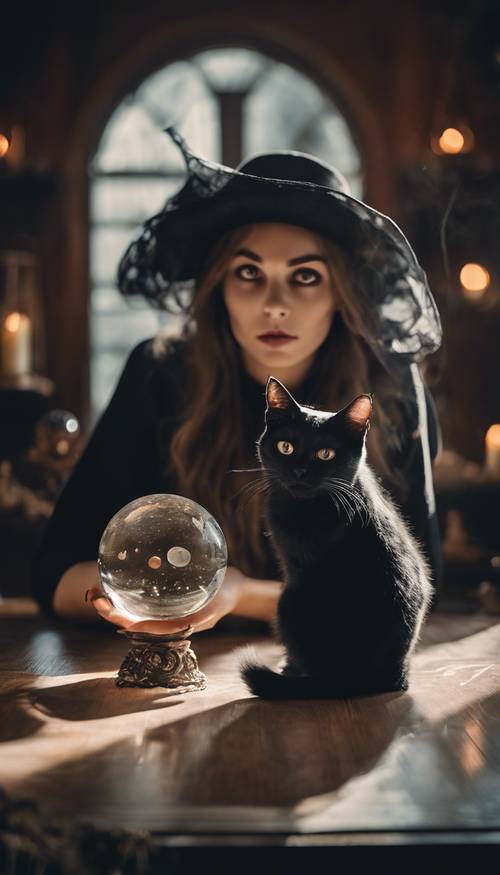 A beautiful witch gazing into a crystal ball, her black cat watching from the sidelines.