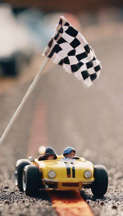 La mano di un bambino che agita una bandierina a scacchi in miniatura durante una gara automobilistica casalinga.