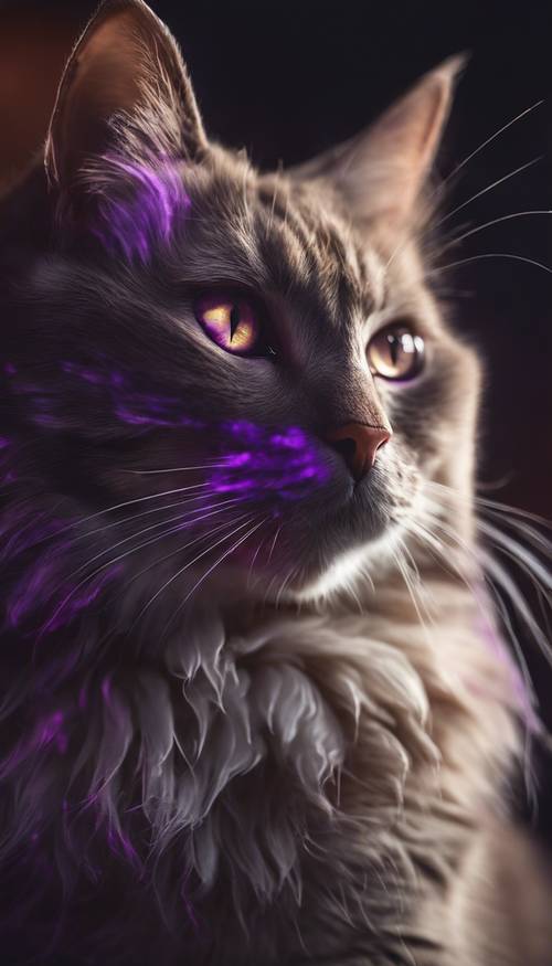 An artistic representation of a cat with glowing purple eyes in a dim-lit room. Tapet [b8d98effe20a49b68666]