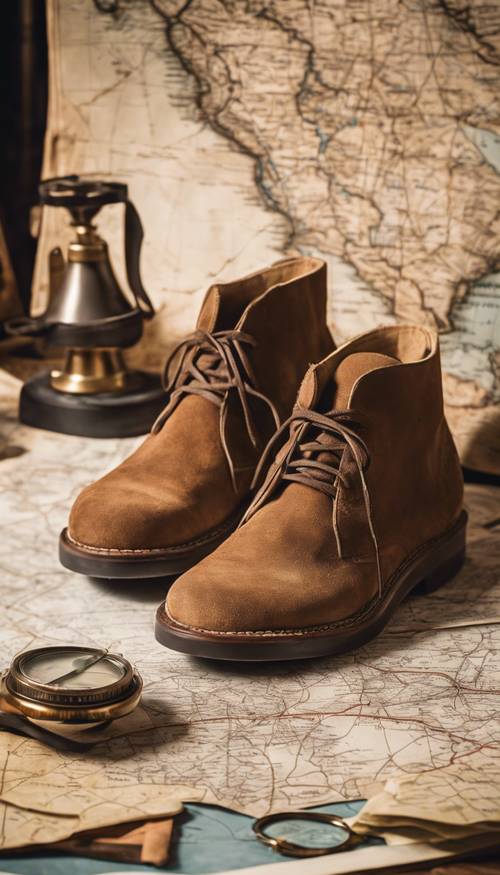 A brown suede desert boot neatly arranged against a backdrop of vintage maps.