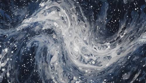 Lukisan abstrak dengan pusaran warna navy gelap dan putih seperti langit malam.