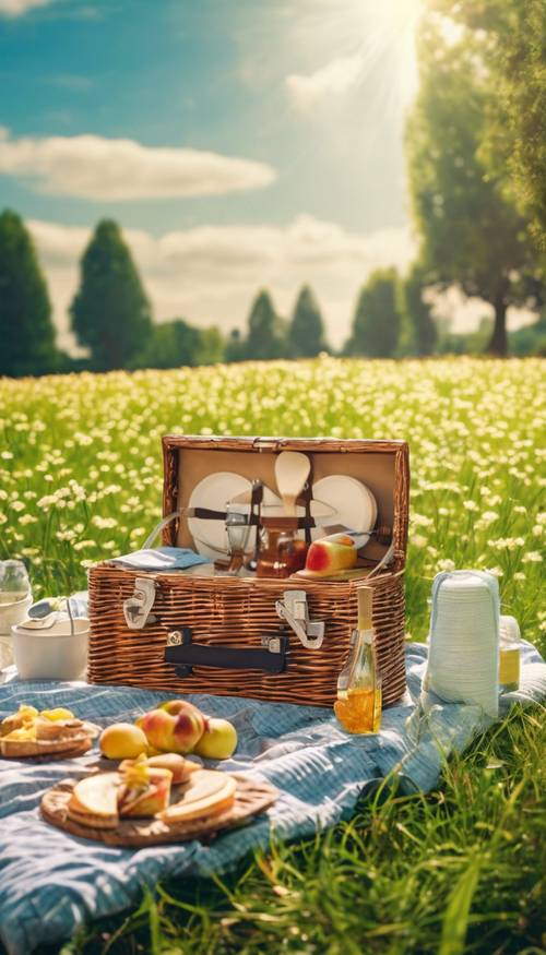 Bildschöne Picknickumgebung auf einer üppig grünen Wiese unter klarem blauen Himmel und strahlendem Sonnenschein. Hintergrund [92d23b5ac9f047bf97d5]