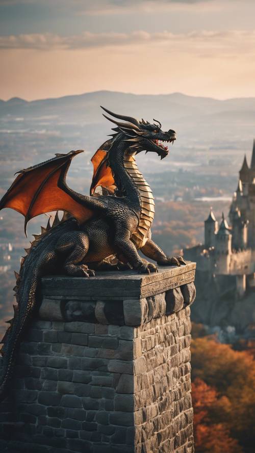 Scene of a dragon sleeping atop a castle tower, with sprawling kingdom view behind.