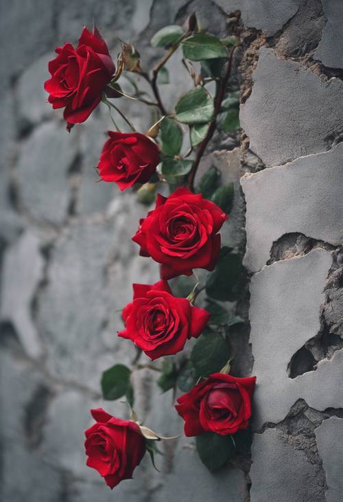 Un grappolo di rose rosse mistiche che crescono dalle fessure di un muro di cemento grigio.