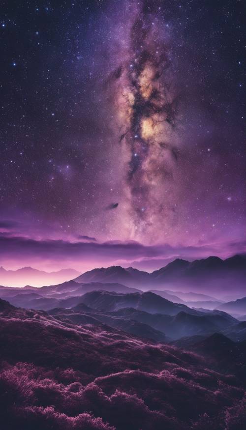 Una visione profonda della Via Lattea, con il cielo notturno inondato di una tonalità viola reale.