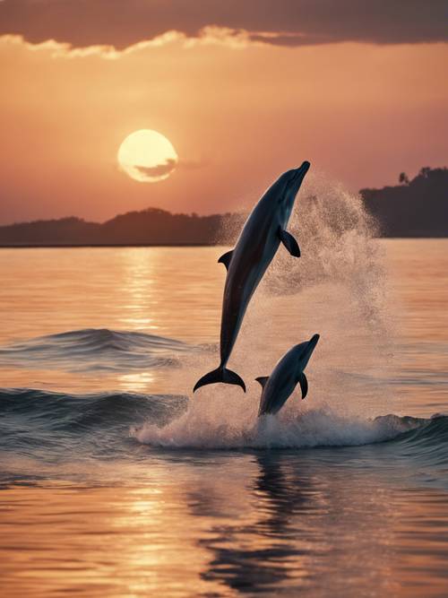 A friendly dolphins jumping out of a sea at sunset.