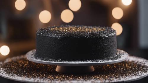 Sprinkling black glitter over freshly coated black icing on a cake