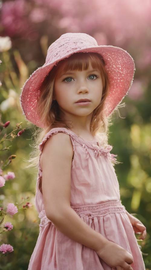 A cute little girl wearing a pink boho hat in a summer garden.