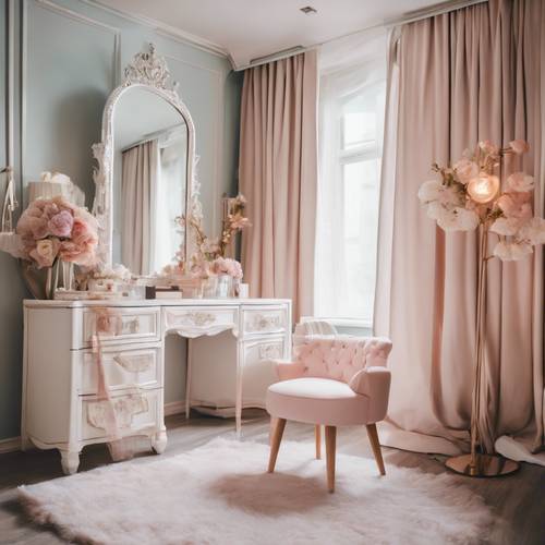 Chic, feminine bachelorette apartment with pastel colors, a canopy bed, and a vanity table with a large mirror.