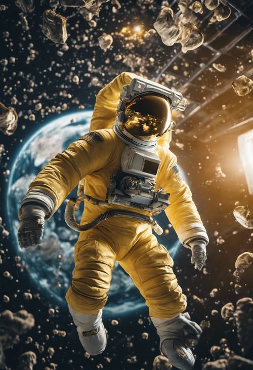 Un astronauta con un traje amarillo flotando en gravedad cero.