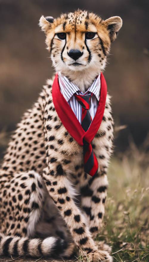 Seekor cheetah mengenakan dasi bergaris merah dan putih, seperti anak laki-laki preppy yang klasik