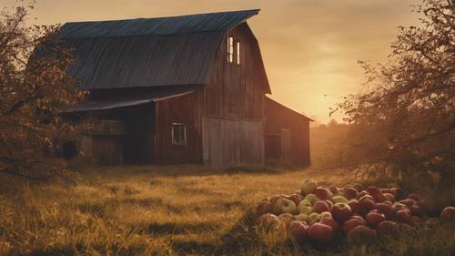 A rustic barn in the middle of an apple orchard during harvest season, the quote ''Life is really simple, but we insist on making it complicated' written in the dusky sunset.