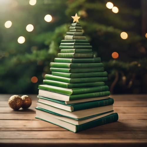 Pohon Natal lucu yang tercipta dari berbagai buku hijau yang ditumpuk berbentuk pohon di atas meja kayu.