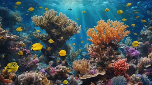 Một bức tranh sơn dầu sống động về một rạn san hô dưới nước tràn ngập sinh vật biển đa dạng.