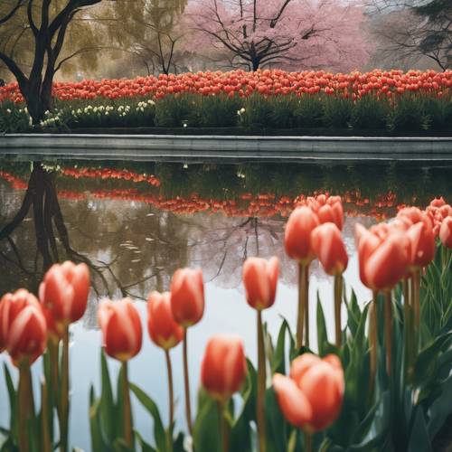 A picturesque scene of Japanese tulips growing beside a serene reflecting pool.