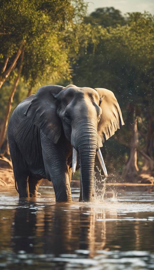 Ein Indischer Elefant spritzt mit seinem Rüssel in einem Teich Wasser.