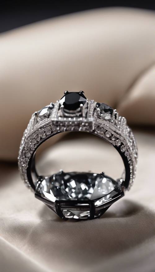 Черный бриллиант красивой огранки в сочетании со сверкающим белым бриллиантом на бархатной подушечке.
