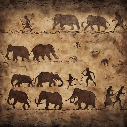 Ancient cave paintings depicting hunters chasing mammoths. Tapet [73e351edb25246b78262]